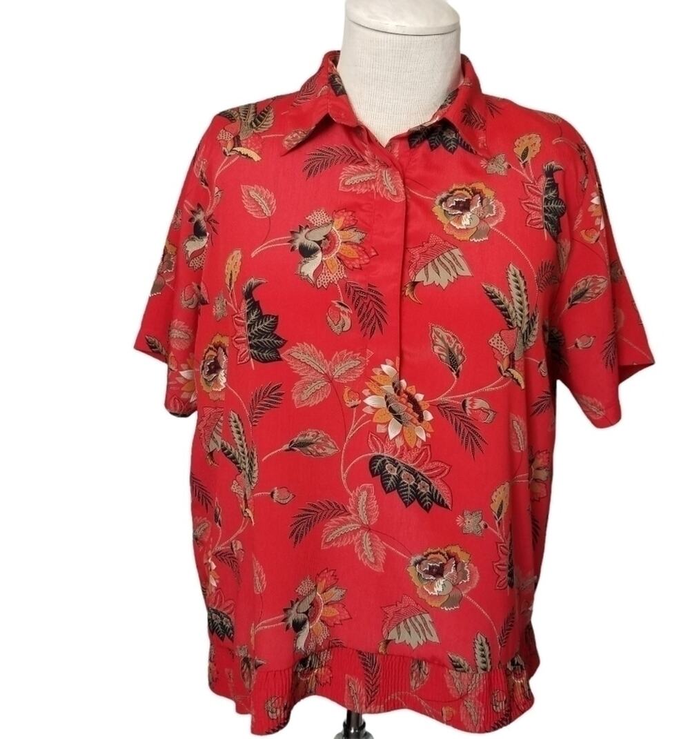 Alfred Dunner SZ 20W Top Vintage Red Floral Collared Quarter Button Grannycore